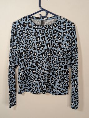 ALYA Leopard Animal Print Blue Black Knit Crew Neck Long Sleeve Top S